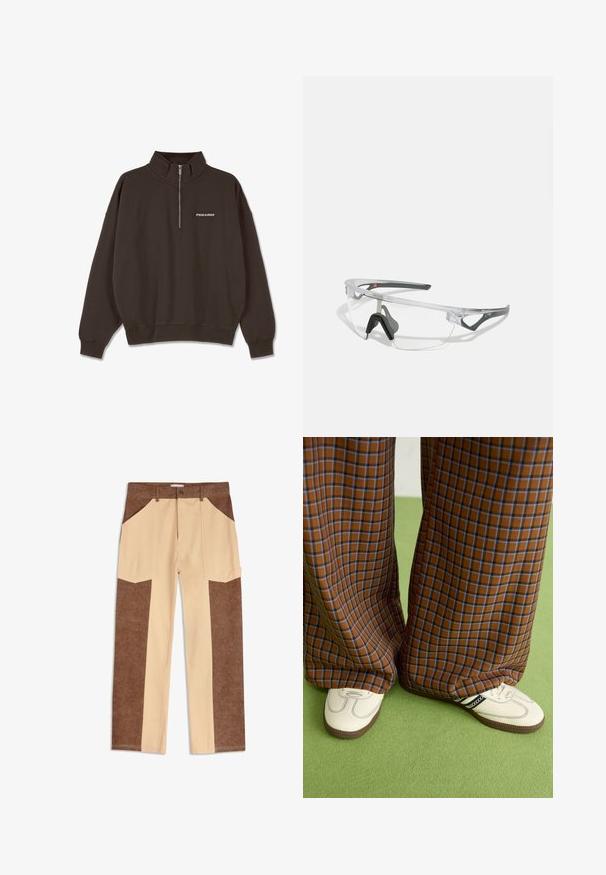 Tmavě hnědý svetr s polo zipem, vysokým límcem, žebrovanými manžetami a lemem, a bílým logem "PEGADOR" na hrudi.; Hnědé a béžové cargo kalhoty se postranními nášivkami, které mají na bocích texturovanou hnědou látku a hladké béžové středy.; Hnědo-modré kostkované široké kalhoty doplněné bílými botami s černými akcenty a texturovanou podrážkou, umístěné na zeleném pozadí.; Průhledné ochranné brýle s lehkým, transparentním rámem a šedými akcenty. Mají design přes hlavu a nastavitelný nosník.