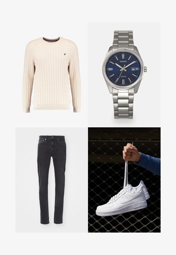Κρεμ πουλόβερ με χοντρή πλέξη και μακριά μανίκια, με στρογγυλή λαιμόκοψη. Διαθέτει ριγωτές μανσέτες και στρίφωμα, με ένα μικρό κεντητό λογότυπο στο στήθος.; Πράσινο πουκάμισο καμπαρντίνας με γιακά που κλείνει με κουμπί, μακριά μανίκια, τσέπη στο αριστερό στήθος και λευκά κουμπιά. Υφασμάτινη υφή.; Σκούρο γκρι τζιν παντελόνι με ίσια γραμμή. Διαθέτει μπροστινές τσέπες, κλείσιμο με κουμπί και λεπτές ραφές. Λείο υλικό.; Λευκά δερμάτινα αθλητικά παπούτσια με διάτρητο σχέδιο, στρογγυλή μύτη, επίπεδη σόλα και χοντρές κορδόνες, με εμφάνιση του λογότυπου swoosh και την ένδειξη "AIR" στη φτέρνα.; Ασημένιο ρολόι χειρός από ανοξείδωτο ατσάλι με ναυτικό μπλε καντράν, μεταλλικούς δείκτες ωρών και παράθυρο ημερομηνίας στις 3 η ώρα. Αδιάβροχο έως 50 μέτρα.