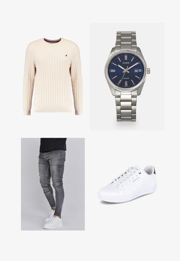 Cremefarvet kabelstrikket sweater med lange ærmer og rund hals. Har ribbede manchetter og kant, samt et lille broderet logo på brystet.; Slank jeans i falmet grå denim med slidte detaljer ved knæene, parret med hvide sneakers. Glat tekstur, slim fit design.; Hvide sneakers, glat syntetisk materiale, lavt design, rund tå, seks snøreøjer, logo detalje på siden, kontrasterende mørk hæl akcent.; Sølv rustfrit stål urrem med en marineblå urskive, metallic timemarkører og et datovindue kl. 3. Vandafvisende op til 50 meter.