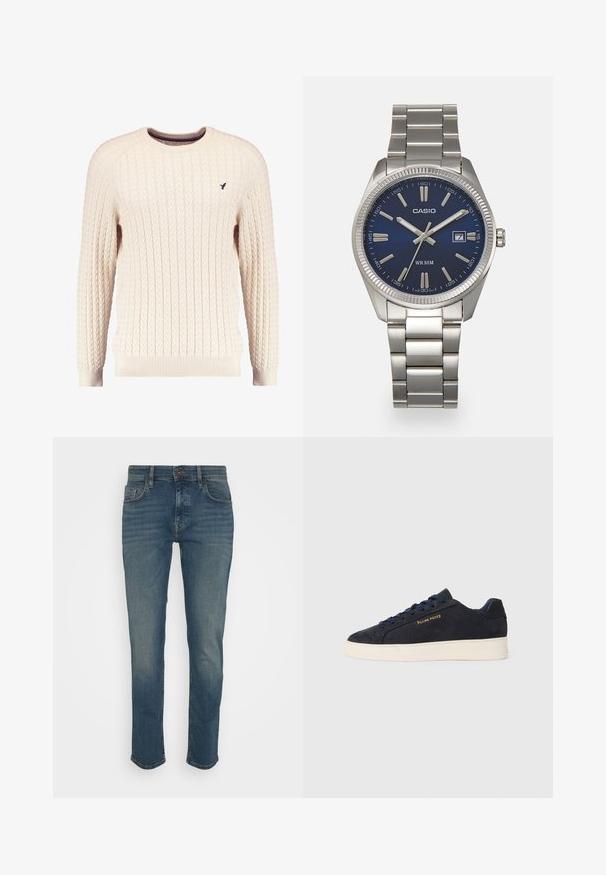 Cream cable-knit sweater with long sleeves and a crew neckline. Features ribbed cuffs and hem, with a small embroidered logo on the chest.; Dark blue jeans with a slim fit, featuring a button closure, five pockets, and a slightly faded finish. Made of denim fabric.; Navy blue suede low-top sneaker with white sole, navy laces, and "Filling Pieces" logo in gold on the side.; Silver stainless steel wristwatch with a navy blue dial, metallic hour markers, and a date window at 3 o'clock. Water-resistant to 50 meters.