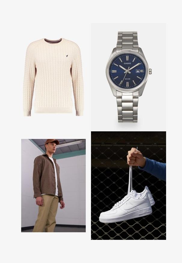 Kreemvärvi kabelikootud sviiter pikkade varrukatega ja ümmarguse kaelusega. Omab soonikuid mansette ja äärt, ning rinnal on väike brodeeritud logo.; Pruuniruutuline nööbid-särk pikade varrukatega, koos beežide pükstega, valge T-särgi peal. Mudel seisab lihtsas sisesettingus.; Valged nahast tennisetossud, millel on perforatsioonid, ümar nina, lame tallus ja paksud nöörid, nähtava swooshi logoga ja "AIR" kontsadel.; Hõbedane roostevabast terasest käekell, tumesinise lõpliku, metallsete tuntud numbrite ja kuupäevanäidikuga kell 3 juures. Veekindel kuni 50 meetrit.