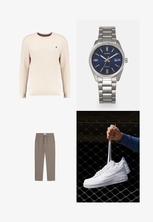 Kream pulover iz kabelskih pletenin z dolgimi rokavi in okroglo izrezom. Opremljen je z rebrastimi manšetami in robom ter s majhnim vezenim logotipom na prsih.; Sive hlače za tek z elastičnim pasom, vezalko in stranskimi žepi. Tkanina se zdi gladka, s sproščenim krojem in zoženimi hlačnicami.; Bela usnjena športna obutev s perforacijami, okroglo konico, ravnim podplatom in debelimi vezalkami, z vidnim logotipom smoosh in napisom "AIR" na peti.; Srebrna nerjaveča jeklena ura z modrim številčnico, kovinskimi kazalci ter oknom za datum na 3. uri. Vodoodporna do 50 metrov.