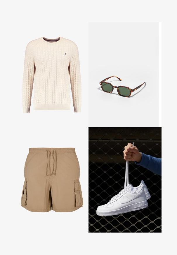 Cremefarvet kabelstrikket sweater med lange ærmer og rund hals. Har ribbede manchetter og kant, samt et lille broderet logo på brystet.; Beige cargo shorts lavet af letvægtsstof med snoretræk i taljen, to sidelommer og to cargo-lommer. Simpelt, praktisk design.; Hvide lædersneakers med perforeringer, rund tå, flad sål og tykke snørebånd, med et synligt swoosh-logo og "AIR" på hælen.; Skildpaddefarvede solbriller med grønne linser, der har en oktagonal form og slanke, buede arme. Materialet har en blank finish.