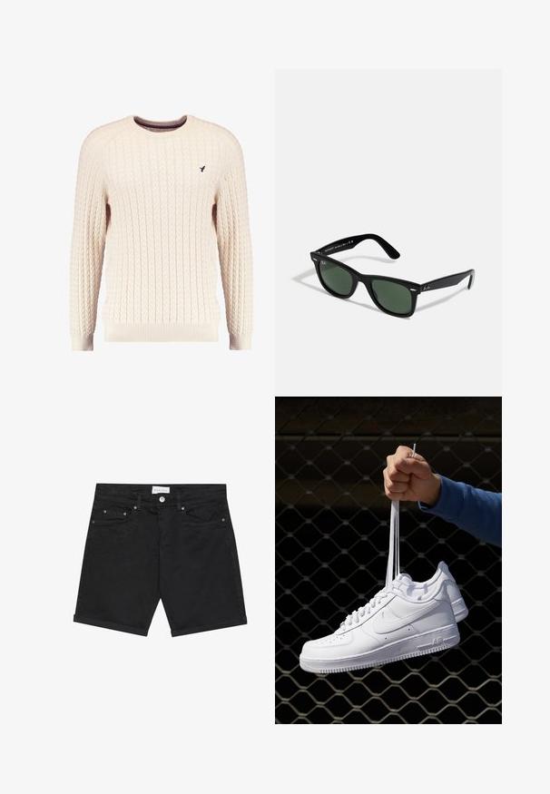 Maglione crema a trama cable con maniche lunghe e colletto tondo. Presenta polsini e orlo a costine, con un piccolo logo ricamato sul petto.; Shorts in denim nero con un taglio classico, dotati di chiusura a bottone, cinque tasche e orli ripiegati. Tessuto liscio con dettagli di pattern sottili.; Sneakers in pelle bianca con perforazioni, punta rotonda, suola piatta e lacci spessi, con logo swoosh visibile e "AIR" sul tallone.; Ray-Ban WAYFARER UNISEX - Occhiali da sole - black
