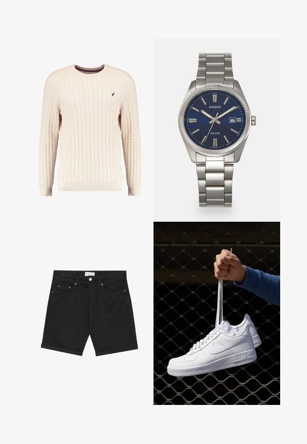 Cream cable-knit sweater with long sleeves and a crew neckline. Features ribbed cuffs and hem, with a small embroidered logo on the chest.; Black denim shorts with a classic cut, featuring a button closure, five pockets, and rolled hems. Smooth texture with subtle pattern details.; White leather sneakers with perforations, round toe, flat sole, and thick laces, featuring a visible swoosh logo and "AIR" on the heel.; Silver stainless steel wristwatch with a navy blue dial, metallic hour markers, and a date window at 3 o'clock. Water-resistant to 50 meters.