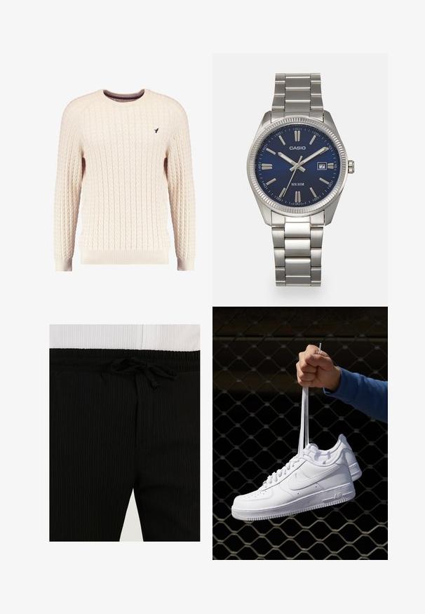 Kreemvärvi kabelikootud sviiter pikkade varrukatega ja ümmarguse kaelusega. Omab soonikuid mansette ja äärt, ning rinnal on väike brodeeritud logo.; Mustad ribaga sweatpants elastse vöökoha ja nööriga. Tekstuuri on pehme, vertikaalsete joontega, luues peene mustri.; Valged nahast tennisetossud, millel on perforatsioonid, ümar nina, lame tallus ja paksud nöörid, nähtava swooshi logoga ja "AIR" kontsadel.; Hõbedane roostevabast terasest käekell, tumesinise lõpliku, metallsete tuntud numbrite ja kuupäevanäidikuga kell 3 juures. Veekindel kuni 50 meetrit.