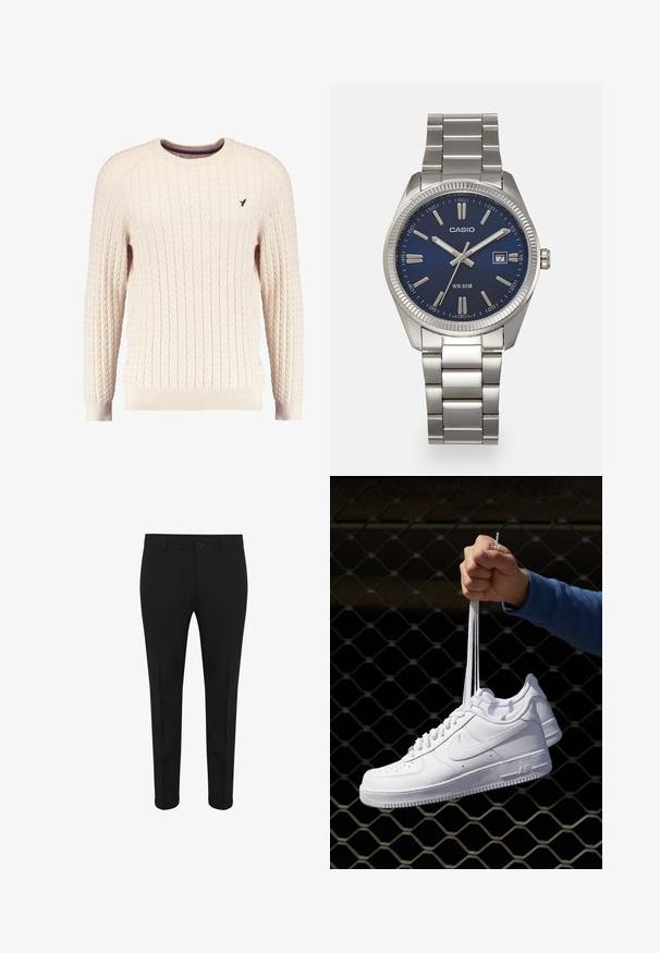 Romige kabelgebreide trui met lange mouwen en een ronde hals. Heeft ribgebreide manchetten en zoom, met een klein geborduurd logo op de borst.; Zwarte op maat gemaakte broek met een slim fit, voorzien van een rits aan de voorkant, knoopsluiting en opgerolde zoom. Soepele stof met een glanzende afwerking.; Witte leren sneakers met perforaties, ronde neus, vlakke zool en dikke veters, met een zichtbare swoosh-logo en "AIR" op de hiel.; Zilveren roestvrijstalen horloge met een marineblauwe wijzerplaat, metalen uurmarkeringen en een datumnis op 3 uur. Waterbestendig tot 50 meter.