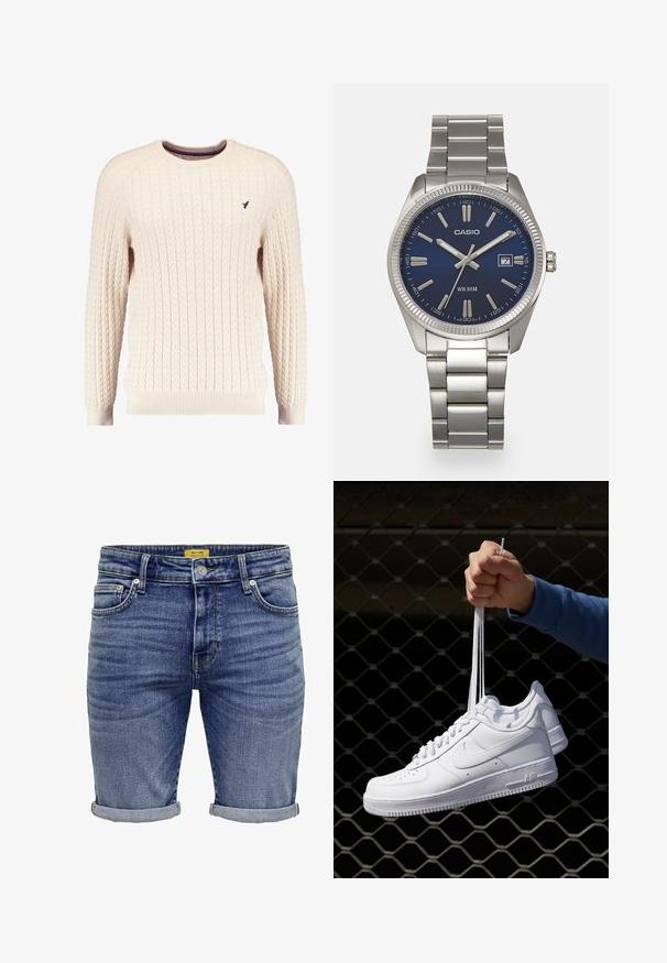 Suéter crema de punto trenzado con mangas largas y escote redondo. Presenta puños y dobladillo acanalados, con un pequeño logo bordado en el pecho.; Pantalones cortos de mezclilla en azul medio. Cuenta con un diseño clásico de cinco bolsillos, puños enrollados y un leve desgaste en la tela. Incluye herrajes de metal.; Zapatillas de cuero blanco con perforaciones, punta redonda, suela plana y cordones gruesos, con un logo de swoosh visible y "AIR" en el talón.; Reloj de pulsera de acero inoxidable plateado con una esfera azul marina, marcadores horarios metálicos y una ventana de fecha a las 3 en punto. Resistente al agua hasta 50 metros.