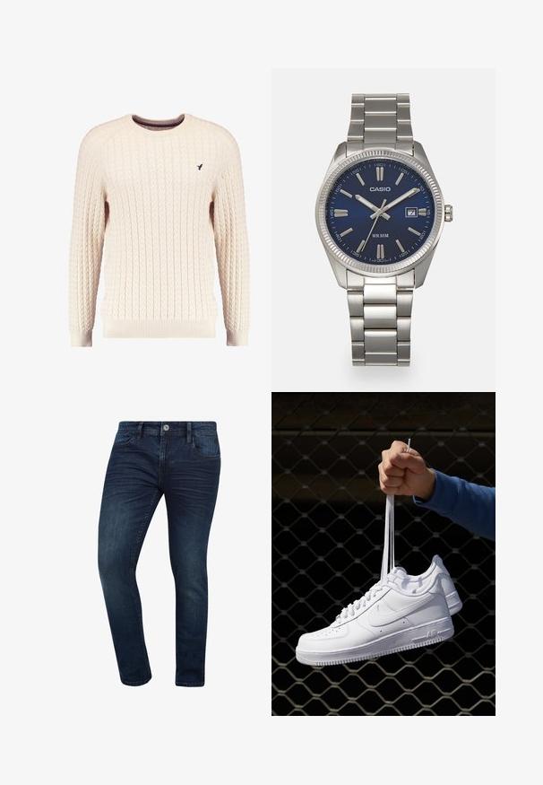 Krem pleteni pulover s dugim rukavima i okruglim izrezom. Ima rebraste manžete i donji rub, s malim izvezenim logom na prsima.; Tamno plave traperice sa uskim krojem, koje imaju klasičan dizajn s pet džepova i metalnu kopču na struku.; Bijele kožne tenisice s perforacijama, okruglim vrhom, ravnim potplatom i debelim vezicama, s vidljivim swoosh logom i natpisom "AIR" na peti.; Srebrni sat od nehrđajućeg čelika s tamnoplavim brojčanikom, metalnim oznakama sati i prozorom za datum na 3 sata. Vodootporan do 50 metara.