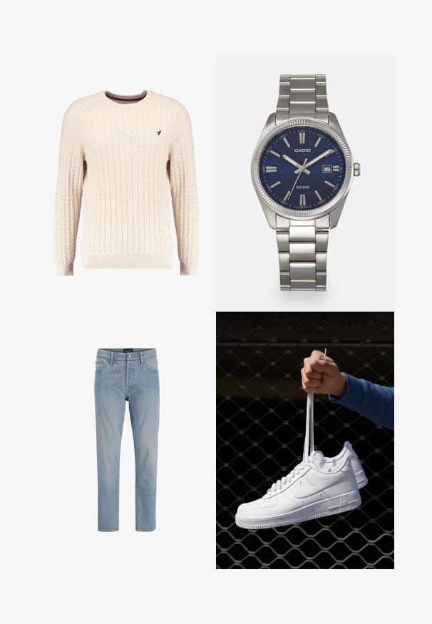 Kremowy sweter w splot kabelkowy z długimi rękawami i okrągłym dekoltem. Posiada ściągacze na mankietach i u dołu, a na piersi znajduje się małe wyszywane logo.; Jasnoniebieskie dżinsy o prostym kroju, pięciopocketowym wzorze, zapięciem na guzik i lekko wyblakłym wykończeniem.; Białe skórzane sneakersy z perforacjami, okrągłym noskiem, płaską podeszwą i grubymi sznurówkami, z widocznym logo swoosh i napisem „AIR” na pięcie.; Srebrny zegarek na stalowej bransolecie z niebieską tarczą, metalowymi indeksami godzinowymi oraz okienkiem daty na godzinie 3. Wodoodporny do 50 metrów.