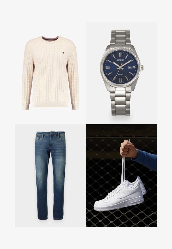 Maglione crema a trama cable con maniche lunghe e colletto tondo. Presenta polsini e orlo a costine, con un piccolo logo ricamato sul petto.; Jeans in denim blu con taglio dritto, effetto sbiadito sul davanti, cuciture a contrasto, cinque tasche e chiusura a bottoni.; Sneakers in pelle bianca con perforazioni, punta rotonda, suola piatta e lacci spessi, con logo swoosh visibile e "AIR" sul tallone.; Orologio da polso in acciaio inossidabile argento con quadrante blu navy, indici metallici e finestra della data alle 3. Resistente all'acqua fino a 50 metri.
