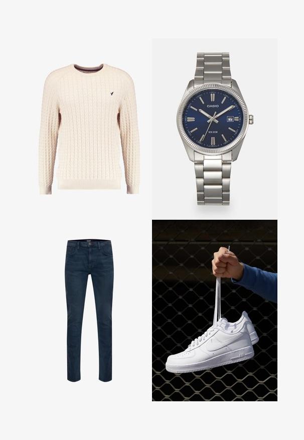 Kremfarget kabelstrikket genser med lange ermer og rund hals. Har ribbestrikkede mansjetter og kant, med en liten brodert logo på brystet.; Mørkeblå denimjeans med smal passform, femlommersdesign, kontrastsøm og en enkelt knappelukking i midjen.; Hvite skinnsneakers med perforeringer, rund tå, flat såle og tykke lisser, med en synlig swoosh-logo og "AIR" på hælen.; Sølv rustfritt stål armbåndsur med en marineblå urskive, metalliske timemarkører og et datovindu ved 3-tiden. Vanntett opptil 50 meter.