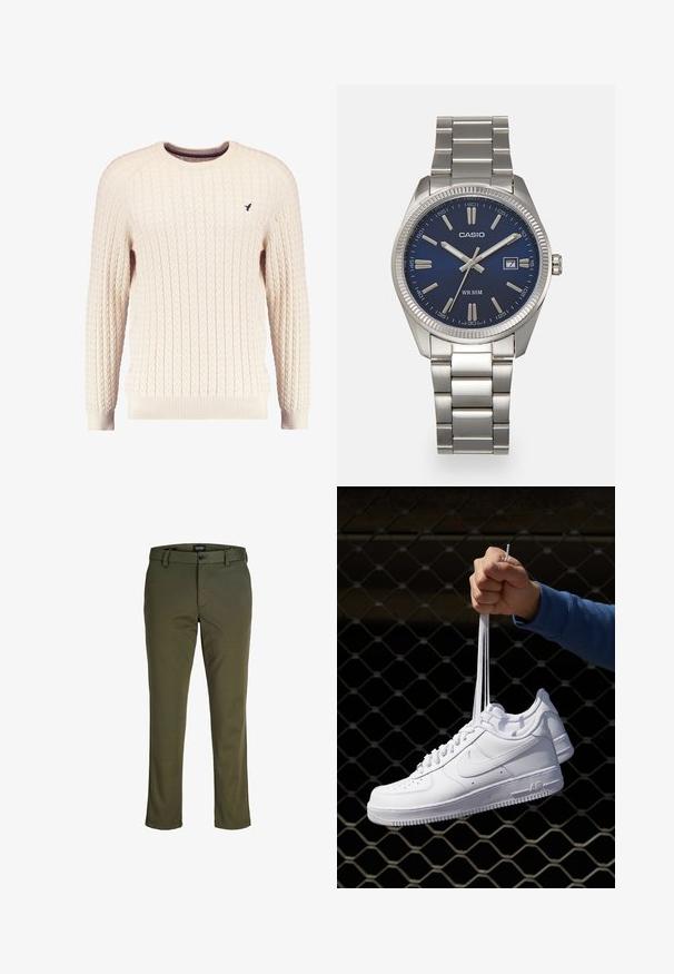 Cream cable-knit sweater with long sleeves and a crew neckline. Features ribbed cuffs and hem, with a small embroidered logo on the chest.; Olive green trousers made of smooth fabric; features a button closure, belt loops, and straight legs with a clean finish.; White leather sneakers with perforations, round toe, flat sole, and thick laces, featuring a visible swoosh logo and "AIR" on the heel.; Silver stainless steel wristwatch with a navy blue dial, metallic hour markers, and a date window at 3 o'clock. Water-resistant to 50 meters.