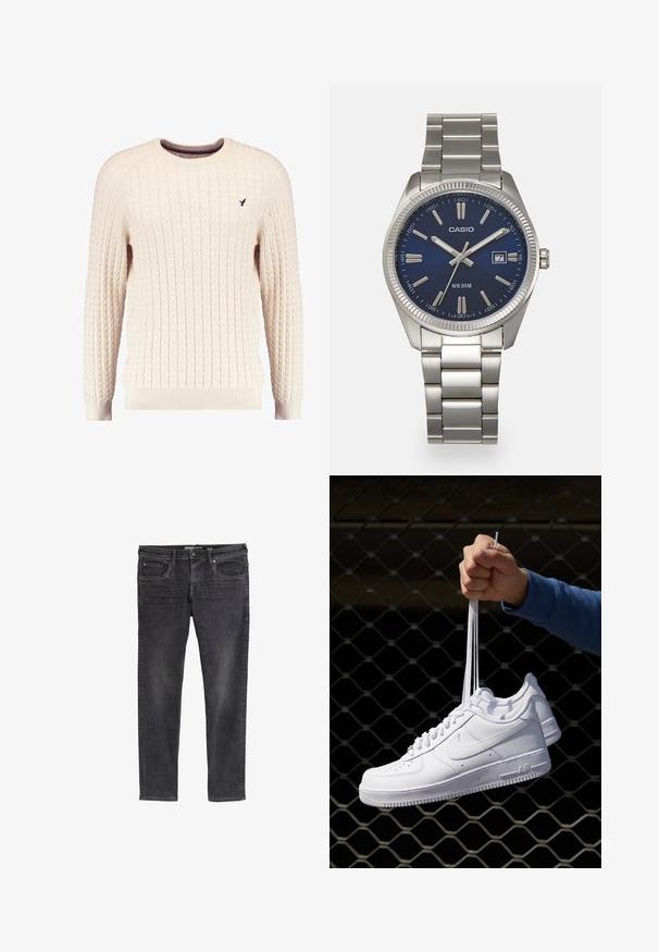 Maglione crema a trama cable con maniche lunghe e colletto tondo. Presenta polsini e orlo a costine, con un piccolo logo ricamato sul petto.; Jeans in denim nero slim fit con finitura sbiadita, cinque tasche, passanti per cintura e dettagli di cucitura discreti lungo le cuciture.; Sneakers in pelle bianca con perforazioni, punta rotonda, suola piatta e lacci spessi, con logo swoosh visibile e "AIR" sul tallone.; Orologio da polso in acciaio inossidabile argento con quadrante blu navy, indici metallici e finestra della data alle 3. Resistente all'acqua fino a 50 metri.