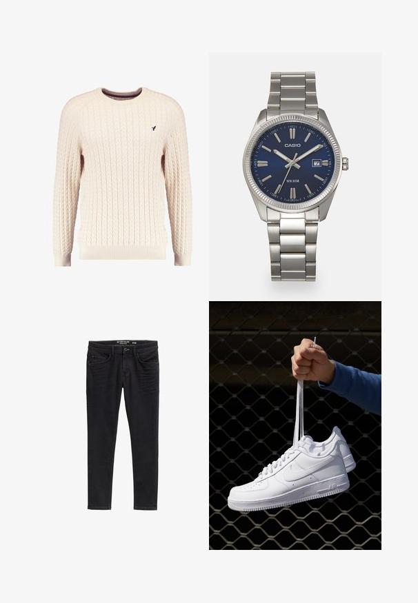 Kream pulover iz kabelskih pletenin z dolgimi rokavi in okroglo izrezom. Opremljen je z rebrastimi manšetami in robom ter s majhnim vezenim logotipom na prsih.; Prilagojene črne jeans hlače iz denima z gladko teksturo, sprednjimi žepi in zadrgo. Oblečene podrobnosti okoli stegen izboljšajo obliko.; Bela usnjena športna obutev s perforacijami, okroglo konico, ravnim podplatom in debelimi vezalkami, z vidnim logotipom smoosh in napisom "AIR" na peti.; Srebrna nerjaveča jeklena ura z modrim številčnico, kovinskimi kazalci ter oknom za datum na 3. uri. Vodoodporna do 50 metrov.