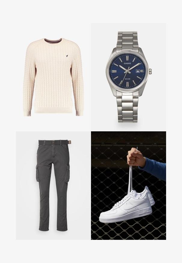 Cream cable-knit sweater with long sleeves and a crew neckline. Features ribbed cuffs and hem, with a small embroidered logo on the chest.; Gray cargo pants with a straight cut, featuring a textured fabric, belt loops, front pockets, and side cargo pockets.; White leather sneakers with perforations, round toe, flat sole, and thick laces, featuring a visible swoosh logo and "AIR" on the heel.; Silver stainless steel wristwatch with a navy blue dial, metallic hour markers, and a date window at 3 o'clock. Water-resistant to 50 meters.