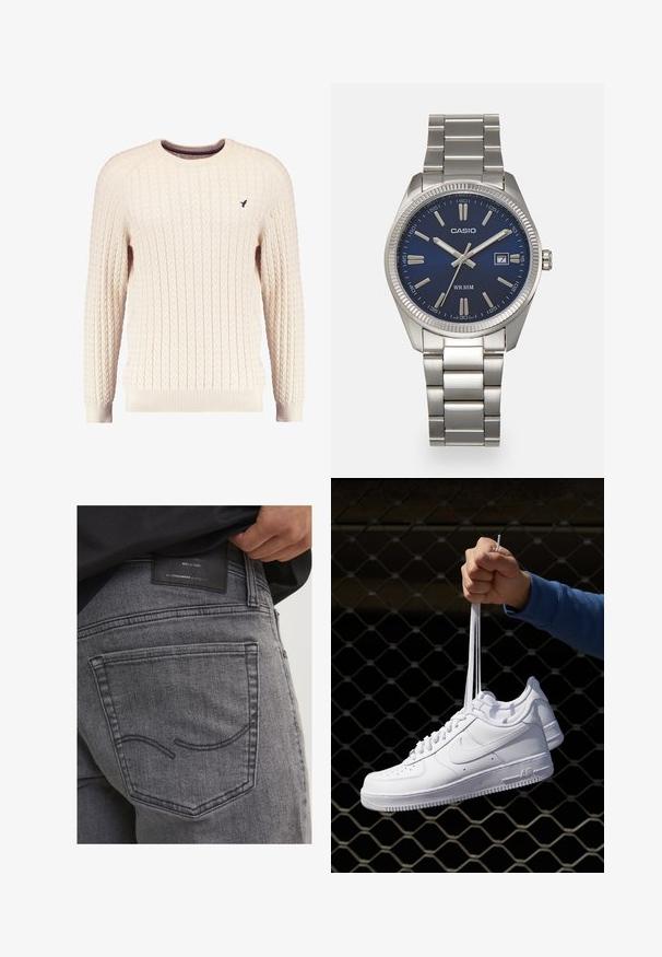 Cream cable-knit sweater with long sleeves and a crew neckline. Features ribbed cuffs and hem, with a small embroidered logo on the chest.; Gray denim jeans featuring a back pocket with curved stitching and a black leather patch displaying brand information and craftsmanship details.; White leather sneakers with perforations, round toe, flat sole, and thick laces, featuring a visible swoosh logo and "AIR" on the heel.; Silver stainless steel wristwatch with a navy blue dial, metallic hour markers, and a date window at 3 o'clock. Water-resistant to 50 meters.