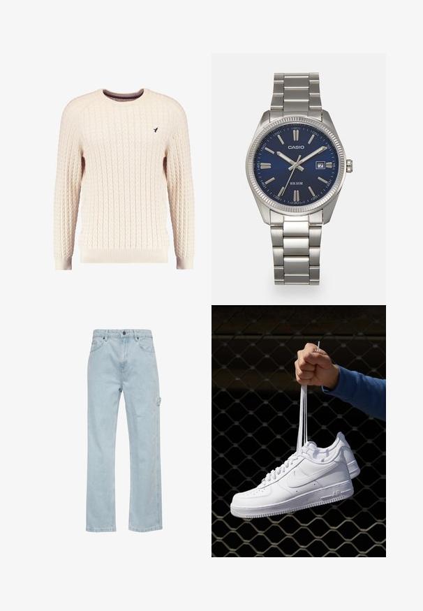 Suéter crema de punto trenzado con mangas largas y escote redondo. Presenta puños y dobladillo acanalados, con un pequeño logo bordado en el pecho.; Vaqueros de denim azul claro con un diseño de pierna recta, que cuentan con bolsillos delanteros y traseros, y un bolsillo lateral de tipo cargo. Textura suave, estilo casual.; Zapatillas de cuero blanco con perforaciones, punta redonda, suela plana y cordones gruesos, con un logo de swoosh visible y "AIR" en el talón.; Reloj de pulsera de acero inoxidable plateado con una esfera azul marina, marcadores horarios metálicos y una ventana de fecha a las 3 en punto. Resistente al agua hasta 50 metros.