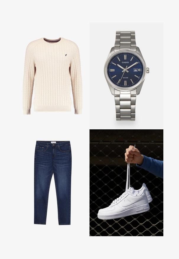 Suéter crema de punto trenzado con mangas largas y escote redondo. Presenta puños y dobladillo acanalados, con un pequeño logo bordado en el pecho.; Jeans ajustados de color azul oscuro con cinco bolsillos, cierre de botones y costuras de contraste, etiquetados como Pier One en la cinturilla.; Zapatillas de cuero blanco con perforaciones, punta redonda, suela plana y cordones gruesos, con un logo de swoosh visible y "AIR" en el talón.; Reloj de pulsera de acero inoxidable plateado con una esfera azul marina, marcadores horarios metálicos y una ventana de fecha a las 3 en punto. Resistente al agua hasta 50 metros.