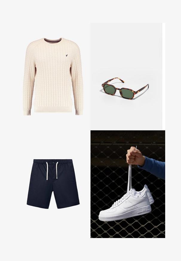 Maglione crema a trama cable con maniche lunghe e colletto tondo. Presenta polsini e orlo a costine, con un piccolo logo ricamato sul petto.; Shorts blu navy realizzati in tessuto leggero, con una vita elasticizzata dotata di coulisse e una chiusura frontale con un singolo bottone.; Sneakers in pelle bianca con perforazioni, punta rotonda, suola piatta e lacci spessi, con logo swoosh visibile e "AIR" sul tallone.; Occhiali da sole tartarugati con lenti verdi, dotati di una forma ottagonale e bracci sottili e curvi. Il materiale ha una finitura lucida.