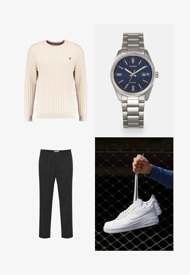 Pull en maille torsadée crème avec manches longues et col ras du cou. Présente des poignets et un ourlet côtelés, avec un petit logo brodé sur la poitrine.; Pantalon noir en tissu lisse, avec fermeture à bouton et passants de ceinture. Conception à jambe droite avec une texture subtile.; Baskets en cuir blanc avec perforations, à bout rond, semelle plate et lacets épais, arborant un logo swoosh visible et "AIR" sur le talon.; Montre-bracelet en acier inoxydable argenté avec un cadran bleu marine, des index métalliques et un affichage de la date à 3 heures. Résistante à l'eau jusqu'à 50 mètres.