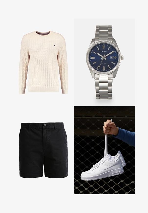 Krémový sveter s káblovým pletením, dlhé rukávy a okrúhly výstrih. Obsahuje rebrované manžety a lem, s malým vyšitým logom na hrudi.; Čierne bavlnené šortky s hladkou textúrou, zapínaním na gombík a ohrnutými manžetami. Obsahujú pútka na opasok a predné vrecká pre praktickosť.; Biele kožené tenisky s perforáciami, okrúhlou špičkou, plochou podrážkou a hrubými šnúrkami, pričom majú viditeľné logo swoosh a nápis "AIR" na päte.; Strieborné nerezové hodinky s modrým ciferníkom, kovovými hodinovými značkami a dátumovým oknom na 3. hodine. Vodotesné do hĺbky 50 metrov.