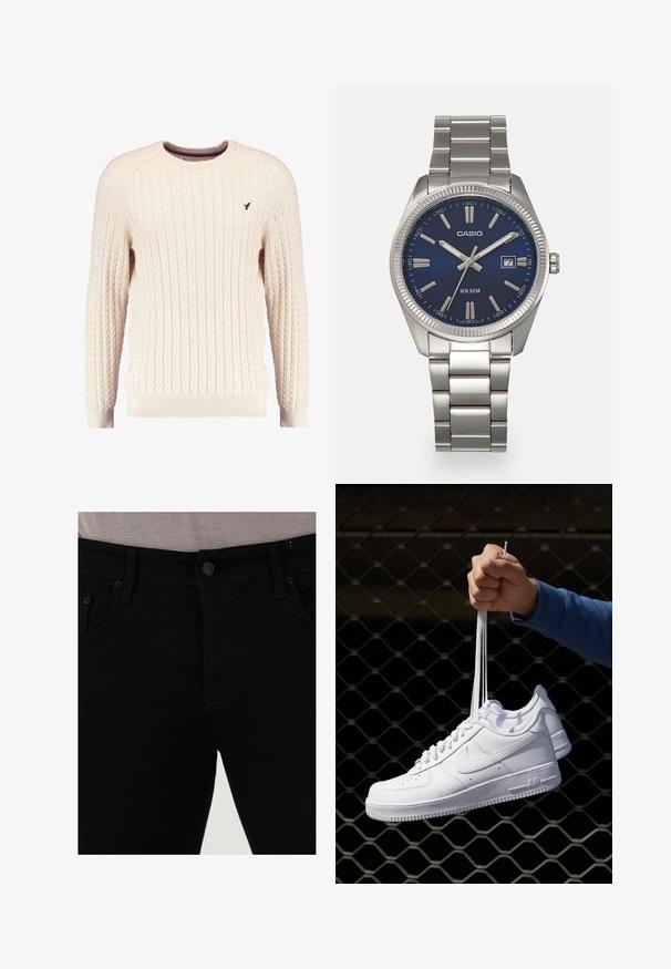 Tejkrém színű kötött pulóver hosszú ujjal és kerek nyakkivágással. Elnyújtott mandzsetták és szegély, az elején egy kis hímzett logóval.; Fekete denim farmernadrág sima textúrával, öt zsebbel és egyetlen gombos zárással. A varrás némileg kontrasztál az anyaggal.; Fehér bőr sportcipők perforációval, kerek orral, lapos talppal és vastag fűzőkkel, látható swoosh logóval és "AIR" felirattal a sarokrészen.; Ezüst színű rozsdamentes acél karóránk sötétkék számlapja van, fém óraszámlálókkal és egy dátumablakkal a 3 órás pozícióban. 50 méterig vízálló.