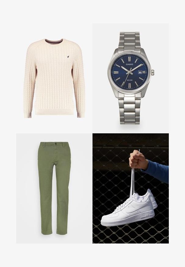 Cremefarvet kabelstrikket sweater med lange ærmer og rund hals. Har ribbede manchetter og kant, samt et lille broderet logo på brystet.; Khaki grønne bukser med en glat tekstur, forsynet med en knaplukning og fem lommer, designet i en lige ben skæring.; Hvide lædersneakers med perforeringer, rund tå, flad sål og tykke snørebånd, med et synligt swoosh-logo og "AIR" på hælen.; Sølv rustfrit stål urrem med en marineblå urskive, metallic timemarkører og et datovindue kl. 3. Vandafvisende op til 50 meter.