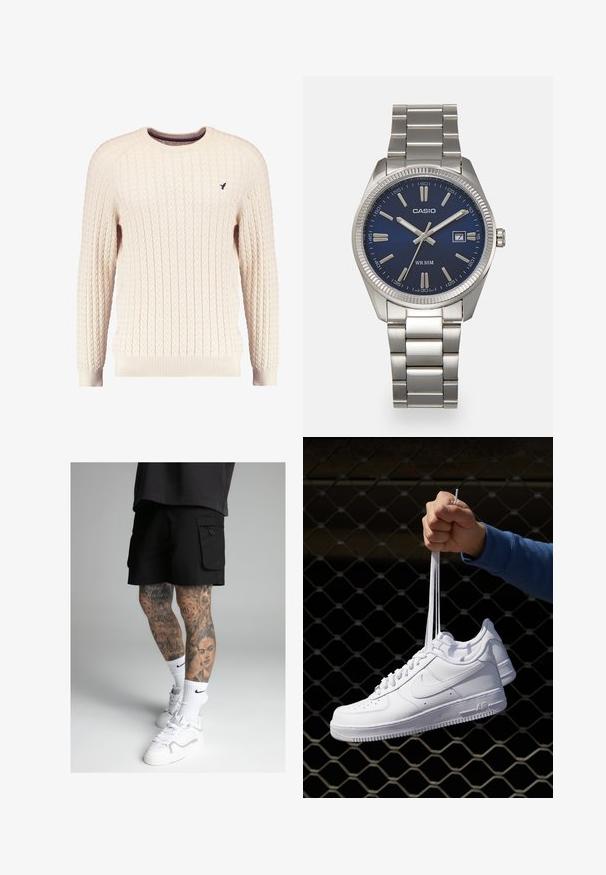 Maglione crema a trama cable con maniche lunghe e colletto tondo. Presenta polsini e orlo a costine, con un piccolo logo ricamato sul petto.; Pantaloni cargo neri con tasche laterali, caratterizzati da una consistenza liscia. Indossati con calze sportive bianche e scarpe da ginnastica. Tatuaggi dettagliati sulle gambe.; Sneakers in pelle bianca con perforazioni, punta rotonda, suola piatta e lacci spessi, con logo swoosh visibile e "AIR" sul tallone.; Orologio da polso in acciaio inossidabile argento con quadrante blu navy, indici metallici e finestra della data alle 3. Resistente all'acqua fino a 50 metri.