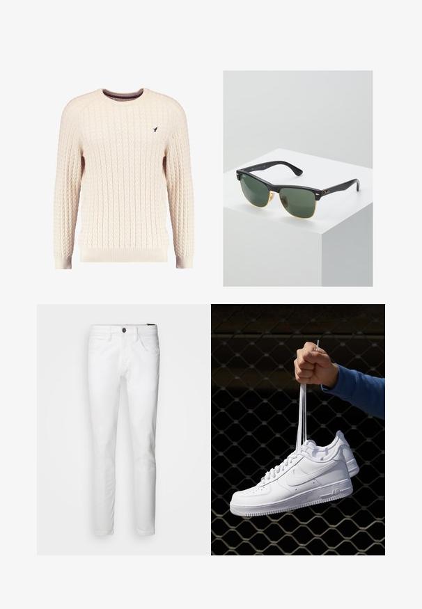 Kreminė kabelinė megztinė su ilgomis rankovėmis ir apykakle. Savybės: grioveliai prie rankovių ir apatinės dalies, o krūtinėje mažas siuvinėtas logotipas.; INDICODE JEANS Prigludę džinsai - white; Balti odiniai sportiniai bateliai su perforacijomis, apvalia nosimi, plokščiu padu ir storomis raištelėmis, su matomu swoosh logotipu ir "AIR" ant kulno.; Ray-Ban saulės akinių žaliais objektyvais, juodais plastikiniais rėmeliais ir auksinėmis detalėmis ant kraštų. Kvadratinė forma su matinio paviršiaus apdaila.; Sidabrinis nerūdijančio plieno laikrodis su tamsiai mėlynu ciferblatu, metaliniais valandų žymenimis ir datos langeliu 3 valandą. Atsparus vandeniui iki 50 metrų.