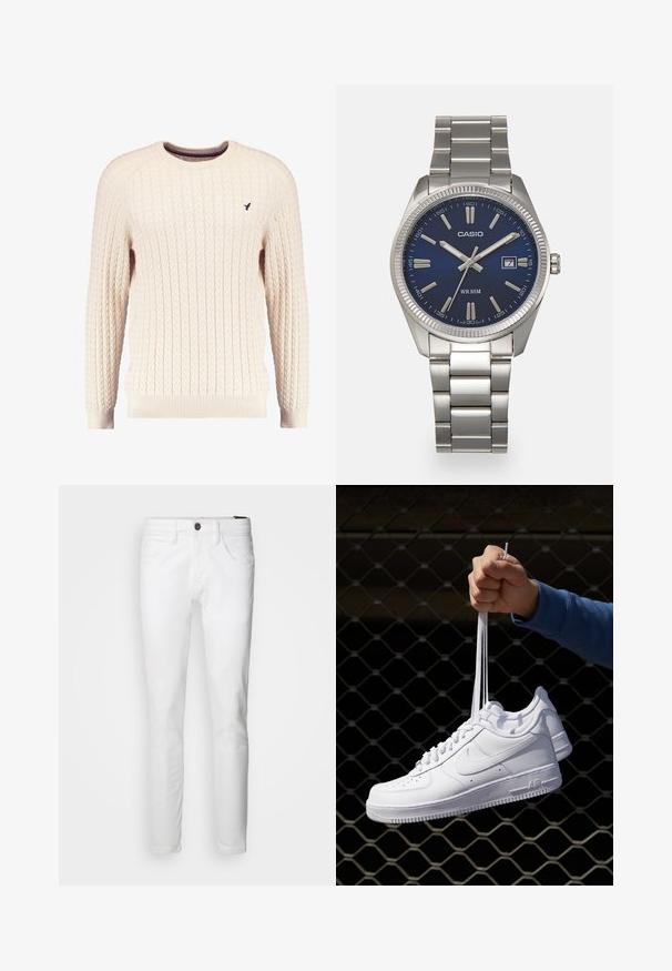 Suéter crema de punto trenzado con mangas largas y escote redondo. Presenta puños y dobladillo acanalados, con un pequeño logo bordado en el pecho.; INDICODE JEANS Vaqueros slim fit - white; Zapatillas de cuero blanco con perforaciones, punta redonda, suela plana y cordones gruesos, con un logo de swoosh visible y "AIR" en el talón.; Reloj de pulsera de acero inoxidable plateado con una esfera azul marina, marcadores horarios metálicos y una ventana de fecha a las 3 en punto. Resistente al agua hasta 50 metros.