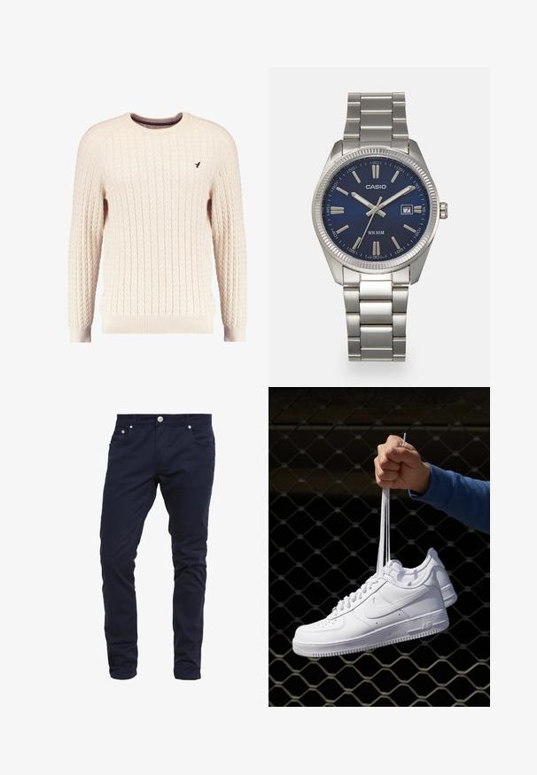 Suéter crema de punto trenzado con mangas largas y escote redondo. Presenta puños y dobladillo acanalados, con un pequeño logo bordado en el pecho.; Pantalones ajustados azul marino, hechos de una mezcla de algodón, con cierre de botón, cinco bolsillos y sutiles detalles de costura.; Zapatillas de cuero blanco con perforaciones, punta redonda, suela plana y cordones gruesos, con un logo de swoosh visible y "AIR" en el talón.; Reloj de pulsera de acero inoxidable plateado con una esfera azul marina, marcadores horarios metálicos y una ventana de fecha a las 3 en punto. Resistente al agua hasta 50 metros.