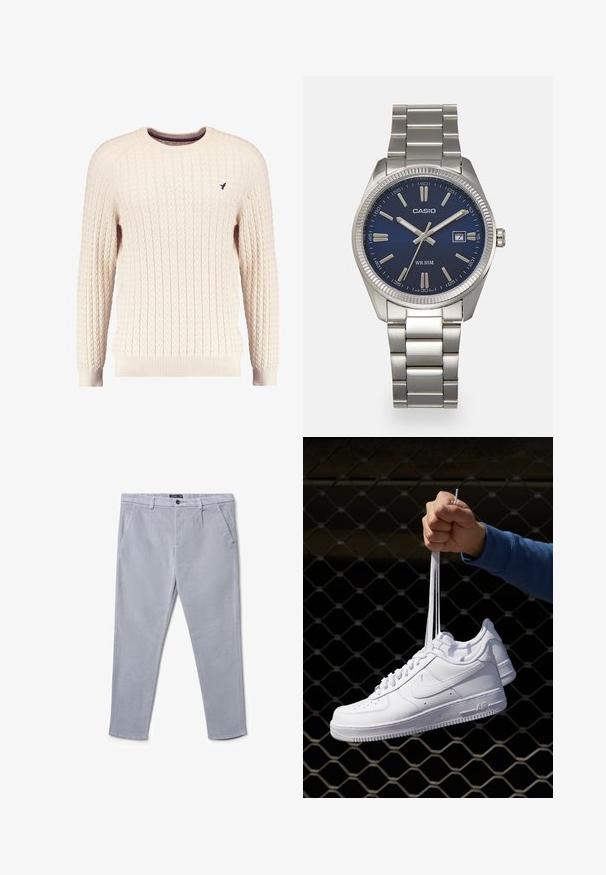 Cremfarbener Kabelle-Strickpullover mit langen Ärmeln und Rundhalsausschnitt. Mit gerippten Bündchen und Saum sowie einem kleinen gestickten Logo auf der Brust.; Helle graue Corduroy-Hosen mit geradem Schnitt, die über seitliche Taschen, einen vorderen Knopfverschluss und eine strukturierte Stoffoberfläche verfügen.; Weiße Leder-Sneaker mit Perforationen, runder Zehenpartie, flacher Sohle und dicken Schnürsenkeln, mit sichtbar eingesticktem Swoosh-Logo und "AIR" an der Ferse.; Silberner Armbanduhr aus Edelstahl mit einem dunkelblauen Zifferblatt, metallischen Stundenmarkierungen und einem Datumsfenster bei 3 Uhr. Wasserdicht bis 50 Meter.