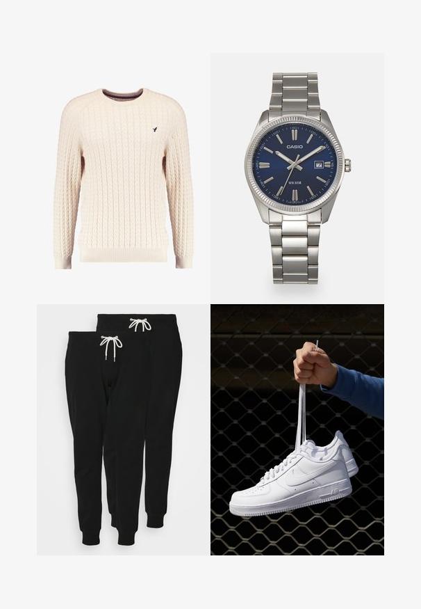 Cream cable-knit sweater with long sleeves and a crew neckline. Features ribbed cuffs and hem, with a small embroidered logo on the chest.; Black cotton sweatpants with a drawstring waist, tapered leg, and ribbed cuffs; features two pairs displayed.; White leather sneakers with perforations, round toe, flat sole, and thick laces, featuring a visible swoosh logo and "AIR" on the heel.; Silver stainless steel wristwatch with a navy blue dial, metallic hour markers, and a date window at 3 o'clock. Water-resistant to 50 meters.