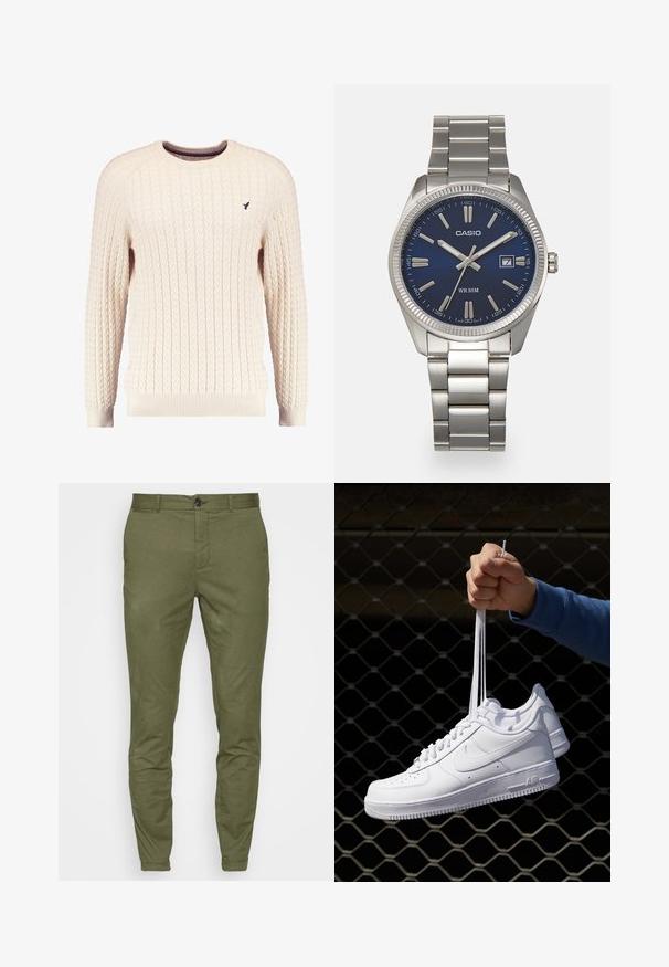 Kremfarget kabelstrikket genser med lange ermer og rund hals. Har ribbestrikkede mansjetter og kant, med en liten brodert logo på brystet.; Oliven grønne chinos med slim-fit design, som har en frontlukking med knapp, beltehemper og en jevn, middels tung tekstur.; Hvite skinnsneakers med perforeringer, rund tå, flat såle og tykke lisser, med en synlig swoosh-logo og "AIR" på hælen.; Sølv rustfritt stål armbåndsur med en marineblå urskive, metalliske timemarkører og et datovindu ved 3-tiden. Vanntett opptil 50 meter.
