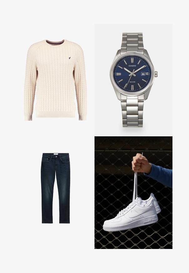 Kream pulover iz kabelskih pletenin z dolgimi rokavi in okroglo izrezom. Opremljen je z rebrastimi manšetami in robom ter s majhnim vezenim logotipom na prsih.; Temno modri traper hlače slim fit kroja, z petimi žepi, gumbom za zapiranje in diskretnim bledenjem spredaj za teksturo.; Bela usnjena športna obutev s perforacijami, okroglo konico, ravnim podplatom in debelimi vezalkami, z vidnim logotipom smoosh in napisom "AIR" na peti.; Srebrna nerjaveča jeklena ura z modrim številčnico, kovinskimi kazalci ter oknom za datum na 3. uri. Vodoodporna do 50 metrov.