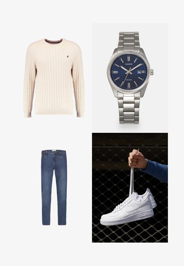 Suéter crema de punto trenzado con mangas largas y escote redondo. Presenta puños y dobladillo acanalados, con un pequeño logo bordado en el pecho.; Vaqueros de mezclilla en tono azul oscuro con corte de pierna recta, diseño de cinco bolsillos y costuras en contraste. Cerrados con botón y cremallera.; Zapatillas de cuero blanco con perforaciones, punta redonda, suela plana y cordones gruesos, con un logo de swoosh visible y "AIR" en el talón.; Reloj de pulsera de acero inoxidable plateado con una esfera azul marina, marcadores horarios metálicos y una ventana de fecha a las 3 en punto. Resistente al agua hasta 50 metros.
