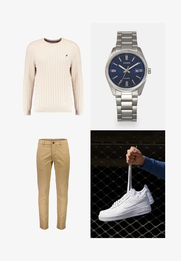 Κρεμ πουλόβερ με χοντρή πλέξη και μακριά μανίκια, με στρογγυλή λαιμόκοψη. Διαθέτει ριγωτές μανσέτες και στρίφωμα, με ένα μικρό κεντητό λογότυπο στο στήθος.; Χακί παντελόνια σε ανοιχτό καφέ ύφασμα με ίσια γραμμή, διαθέτουν ένα μπροστινό κουμπί και τέσσερις τσέπες. Λείος υφασμάτινος και προσαρμοσμένη εφαρμογή.; Λευκά δερμάτινα αθλητικά παπούτσια με διάτρητο σχέδιο, στρογγυλή μύτη, επίπεδη σόλα και χοντρές κορδόνες, με εμφάνιση του λογότυπου swoosh και την ένδειξη "AIR" στη φτέρνα.; Ασημένιο ρολόι χειρός από ανοξείδωτο ατσάλι με ναυτικό μπλε καντράν, μεταλλικούς δείκτες ωρών και παράθυρο ημερομηνίας στις 3 η ώρα. Αδιάβροχο έως 50 μέτρα.
