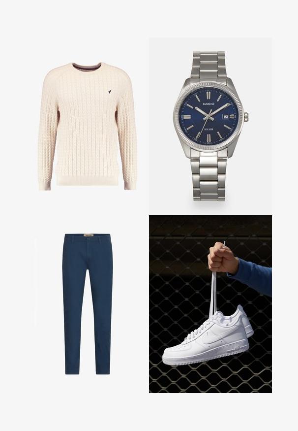 Kremfarget kabelstrikket genser med lange ermer og rund hals. Har ribbestrikkede mansjetter og kant, med en liten brodert logo på brystet.; Marineblå slim-fit herrebukser med bæltestropper, foran knappelukking og sidelommer, vist mot en hvit bakgrunn.; Hvite skinnsneakers med perforeringer, rund tå, flat såle og tykke lisser, med en synlig swoosh-logo og "AIR" på hælen.; Sølv rustfritt stål armbåndsur med en marineblå urskive, metalliske timemarkører og et datovindu ved 3-tiden. Vanntett opptil 50 meter.