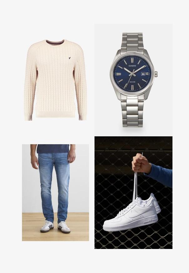 Kream pulover iz kabelskih pletenin z dolgimi rokavi in okroglo izrezom. Opremljen je z rebrastimi manšetami in robom ter s majhnim vezenim logotipom na prsih.; Svijetloplave traperice slim kroja, s blagim izbljedjenjem i pet džepova. Nosi se uz bijele tenisice i tamnu majicu.; Bela usnjena športna obutev s perforacijami, okroglo konico, ravnim podplatom in debelimi vezalkami, z vidnim logotipom smoosh in napisom "AIR" na peti.; Srebrna nerjaveča jeklena ura z modrim številčnico, kovinskimi kazalci ter oknom za datum na 3. uri. Vodoodporna do 50 metrov.