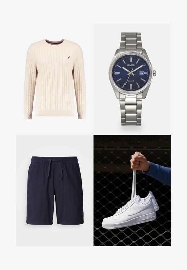 Pull en maille torsadée crème avec manches longues et col ras du cou. Présente des poignets et un ourlet côtelés, avec un petit logo brodé sur la poitrine.; Shorts bleu marine en tissu léger, dotés d'une taille élastique avec cordon de serrage et de poches latérales. Design décontracté avec ourlets cousus.; Baskets en cuir blanc avec perforations, à bout rond, semelle plate et lacets épais, arborant un logo swoosh visible et "AIR" sur le talon.; Montre-bracelet en acier inoxydable argenté avec un cadran bleu marine, des index métalliques et un affichage de la date à 3 heures. Résistante à l'eau jusqu'à 50 mètres.