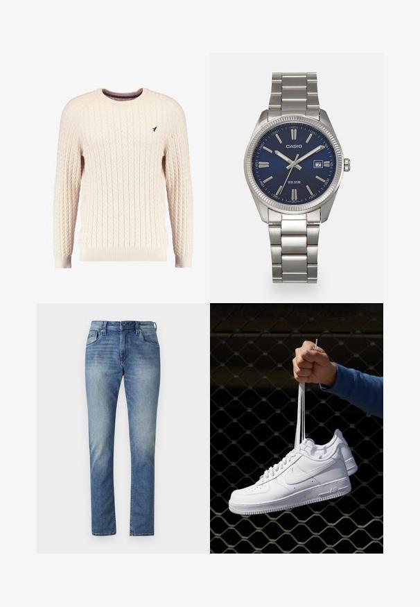 Kremfarget kabelstrikket genser med lange ermer og rund hals. Har ribbestrikkede mansjetter og kant, med en liten brodert logo på brystet.; Lyseblå denimjeans med rett snitt, fem lommer og en falmet vask. Har knappeåpning og beltehemper.; Hvite skinnsneakers med perforeringer, rund tå, flat såle og tykke lisser, med en synlig swoosh-logo og "AIR" på hælen.; Sølv rustfritt stål armbåndsur med en marineblå urskive, metalliske timemarkører og et datovindu ved 3-tiden. Vanntett opptil 50 meter.