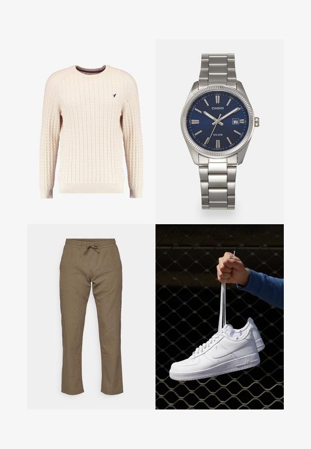Cream cable-knit sweater with long sleeves and a crew neckline. Features ribbed cuffs and hem, with a small embroidered logo on the chest.; Jack & Jones JPSTKANE SUMMER JOGGER - Trousers - dusty olive; White leather sneakers with perforations, round toe, flat sole, and thick laces, featuring a visible swoosh logo and "AIR" on the heel.; Silver stainless steel wristwatch with a navy blue dial, metallic hour markers, and a date window at 3 o'clock. Water-resistant to 50 meters.