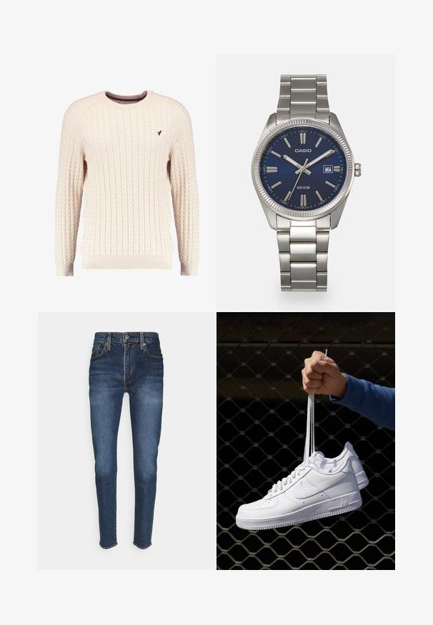Romige kabelgebreide trui met lange mouwen en een ronde hals. Heeft ribgebreide manchetten en zoom, met een klein geborduurd logo op de borst.; Donkerblauwe denim jeans met een aansluitend ontwerp, voorzien van vijf zakken, een knoopsluiting aan de voorkant en oranje stiksels.; Witte leren sneakers met perforaties, ronde neus, vlakke zool en dikke veters, met een zichtbare swoosh-logo en "AIR" op de hiel.; Zilveren roestvrijstalen horloge met een marineblauwe wijzerplaat, metalen uurmarkeringen en een datumnis op 3 uur. Waterbestendig tot 50 meter.