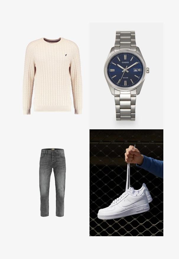 Kreminė kabelinė megztinė su ilgomis rankovėmis ir apykakle. Savybės: grioveliai prie rankovių ir apatinės dalies, o krūtinėje mažas siuvinėtas logotipas.; Pilki džinsai su tiesiais džinsais. Savybė penkios kišenės, mygtukų užsegimas ir subtilus blukimas su tekstūruotu paviršiumi.; Balti odiniai sportiniai bateliai su perforacijomis, apvalia nosimi, plokščiu padu ir storomis raištelėmis, su matomu swoosh logotipu ir "AIR" ant kulno.; Sidabrinis nerūdijančio plieno laikrodis su tamsiai mėlynu ciferblatu, metaliniais valandų žymenimis ir datos langeliu 3 valandą. Atsparus vandeniui iki 50 metrų.