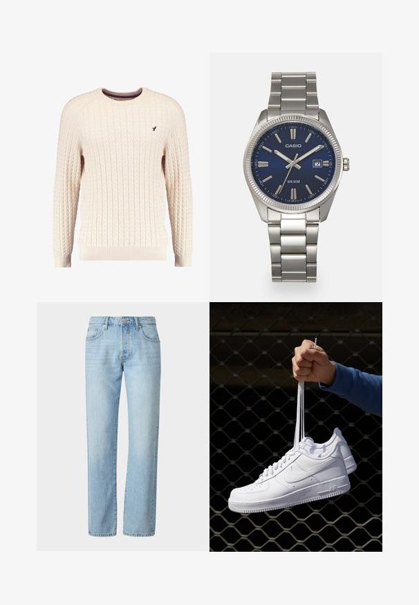 Romige kabelgebreide trui met lange mouwen en een ronde hals. Heeft ribgebreide manchetten en zoom, met een klein geborduurd logo op de borst.; Lichtblauwe denim jeans met een rechte snit, met een klassieke vijf-pocketontwerp en subtiele vervagings op de stof.; Witte leren sneakers met perforaties, ronde neus, vlakke zool en dikke veters, met een zichtbare swoosh-logo en "AIR" op de hiel.; Zilveren roestvrijstalen horloge met een marineblauwe wijzerplaat, metalen uurmarkeringen en een datumnis op 3 uur. Waterbestendig tot 50 meter.