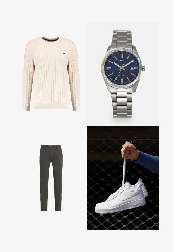 Kerman kaulusneule, jossa on pitkä hiha ja pyöreä kaula-aukko. Varustettu raidoitettuilla hihoilla ja helmalla, sekä pienellä brodeeratulla logolla rinnassa.; Tummanharmaat, slim-fit chinot, jotka on valmistettu puuvillasekoitteesta. Varustettu yksinkertaisella napilla ja vyölenkeillä. Sileä pinta ja minimaalinen yksityiskohtaisuus.; Valkoiset nahkasneakersit, joissa on rei'ityksiä, pyöreä kärki, tasapohja ja paksut nauhat, joissa on näkyvä swoosh-logo ja "AIR" kantapäässä.; Harmaa ruostumaton teräs rannekello, jossa on tummansininen kellotaulu, metalliset tuntimerkit ja päivämääränäyttö kello 3:ssa. Vesitiivis 50 metriin asti.