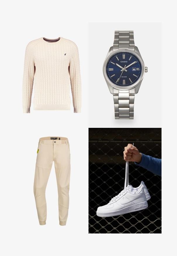 Maglione crema a trama cable con maniche lunghe e colletto tondo. Presenta polsini e orlo a costine, con un piccolo logo ricamato sul petto.; Pantaloni tapered beige in un tessuto morbido, con accenti cuciti e polsini elasticizzati. Include una chiusura con bottone frontale e cinque tasche.; Sneakers in pelle bianca con perforazioni, punta rotonda, suola piatta e lacci spessi, con logo swoosh visibile e "AIR" sul tallone.; Orologio da polso in acciaio inossidabile argento con quadrante blu navy, indici metallici e finestra della data alle 3. Resistente all'acqua fino a 50 metri.