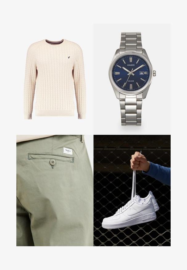 Kremfarget kabelstrikket genser med lange ermer og rund hals. Har ribbestrikkede mansjetter og kant, med en liten brodert logo på brystet.; Lys olivenfargede bomullsbukser med en baklomme, med knappelukking og en liten merkeetikett sydd over lommen.; Hvite skinnsneakers med perforeringer, rund tå, flat såle og tykke lisser, med en synlig swoosh-logo og "AIR" på hælen.; Sølv rustfritt stål armbåndsur med en marineblå urskive, metalliske timemarkører og et datovindu ved 3-tiden. Vanntett opptil 50 meter.