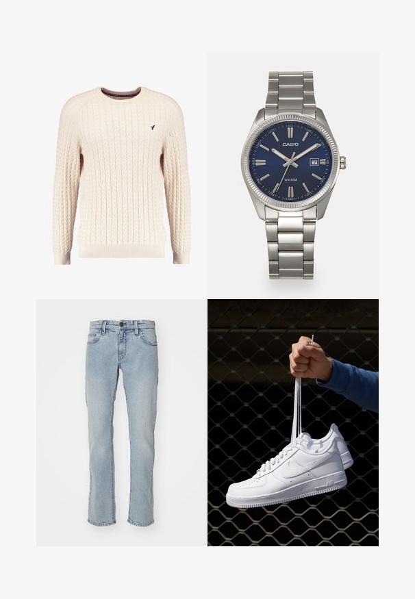 Kremowy sweter w splot kabelkowy z długimi rękawami i okrągłym dekoltem. Posiada ściągacze na mankietach i u dołu, a na piersi znajduje się małe wyszywane logo.; INDICODE JEANS PITTSBURG jasnoniebieski denim; Białe skórzane sneakersy z perforacjami, okrągłym noskiem, płaską podeszwą i grubymi sznurówkami, z widocznym logo swoosh i napisem „AIR” na pięcie.; Srebrny zegarek na stalowej bransolecie z niebieską tarczą, metalowymi indeksami godzinowymi oraz okienkiem daty na godzinie 3. Wodoodporny do 50 metrów.